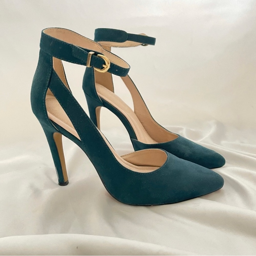 Dark teal Eva Mendez ankle strap heel-suede